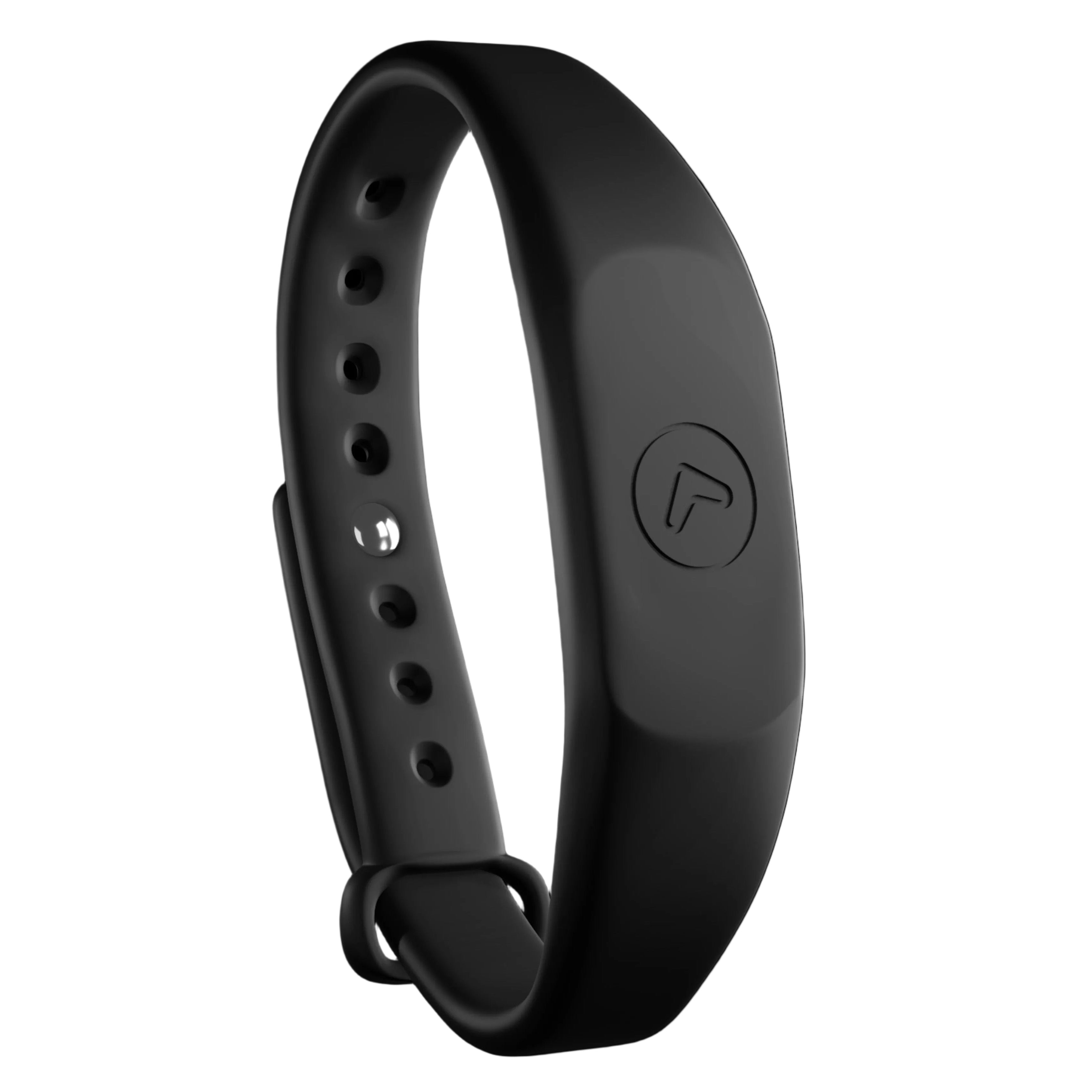 A black NFC enabled rubber wristband with adjustable holes and a branded button.